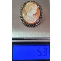 ANTIQUE AUTHENTIC BIG SHELL CAMEO SET IN SILVER  BROOCH.
