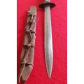 VINTAGE 39CM DAGGER WITH COPPER AND LEATHER SCABBARD,