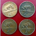 4 X  1965 2 CENT SA COINS. 2  X ENG.  2 X AFR.  EXCEPTIONAL CONDITION.