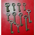 11 X ANTIQUE PADLOCK KEYS COLLECTION. SCARCE HOLLOW CORE. ONE BID FOR ALL.
