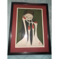Framed Japanese Modernist Woodblock Print  "Girl with Three Cranes" by Kauro Kawano (1916-1965)