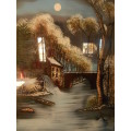 Vintage (1920's) Reverse Painting on Convex Glass, Beautiful Old Mill Scene, Black Frame, Gd Con
