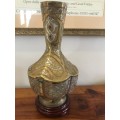 Antique Silver and Copper on Brass CAIRO WARE (Ethnic Eqyptian) Six-Sided Vase on Wooden Plinth