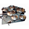 15 PIECES STAINLESS STEEL, HEAVY BOTTOM COOKWARE SET WITH STAINLESS LID.