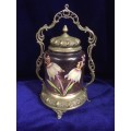 WMF BISCUIT BARREL - SILVER PLATE AND HAND PAINTED GLASS
