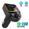 Car Bluetooth FM Transmitter Type-C Dual USB Fast Charger Ambient Light MP3