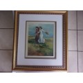 Lovely framed original oil on canvas painting by Este Mostert - 2 ladies in a field