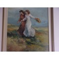 Lovely framed original oil on canvas painting by Este Mostert - 2 ladies in a field
