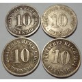 4 Consecutive Wilhelm I German 10 Pfennig coins - bid per coin to take all