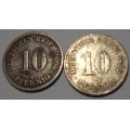 4 Consecutive Wilhelm I German 10 Pfennig coins - bid per coin to take all