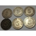 6 x Wilhelm I German 5 Pfennig coins - bid per coin to take all