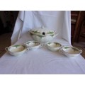 Huge vintage Grindley Cream Petal Paulette design soup tureen & 4 handled soup bowls