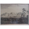 Original framed Tinus de Jongh etching - Table Mountain and Cape Town