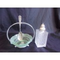 Vintage pressed glass sugar shaker and green glass jam bowl on stand with spoon