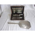 Vintage cased Sterling silver handle/lid manicure set and mirror