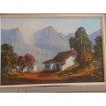 Lovely framed oil on board painting signed Andre Grobler - Farmhouse landscape