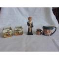 Lot of Royal Doulton figurine, 2 character jugs & 2 square bowls for 1 bid