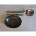 Small Carrol Boyes olive bowl & Diana Carmichael serving spoon & pickle fork for 1 bid