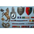 Collection of 51 Military Badges, Buttons and Medal Ribbon Bars