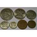 1985 R1.00, 50c, 20c,10c, 5c, 2c and 1c- circulated nickel and bronze coins. See photos below.