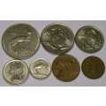 1985 R1.00, 50c, 20c,10c, 5c, 2c and 1c- circulated nickel and bronze coins. See photos below.