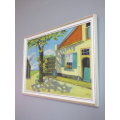 A LOVELY FRAMED OIL ON BOARD OF A FARM HOUSE SCENE! LOVELY COLOURFUL AND BRIGHT PAINTING!!!!