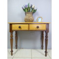 A GORGEOUS YELLOW WOOD & IMBUIA DRESSER WITH 2 DRAWS AND LOADS OF CHARM. VERY PRETTY TURNED LEGS!!