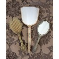 THREE AWESOME VINTAGE/ ANTIQUE? VANITY TABLE (2x) HAND MIRRORS AND A BRUSH SET bid/item