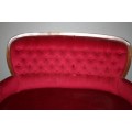 A GORGEOUS ANTIQUE "WINE RED" QUEEN ANNE STYLE PARLOUR COUCH WITH DEEP BUTTON DETAILING