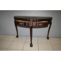 AN ABSOLUTELY STUNNING 2 x DRAW SOLID IMBUIA BALL & CLAW HALF MOON OCCASIONAL TABLE, STUNNING!!
