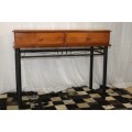 AN AWESOME AND BEAUTIFULLY MADE DOUBLE DRAWER INDONESIAN TEAK HALLWAY TABLE WITH METAL LEGS