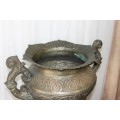 A SPECTACULAR HUGE ANTIQUE BRASS URN WITH MAGNIFICENT HAND CHASED AND REPOUSSE DETAILING