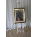 TWO BEAUTIFUL TALL WHITE METAL PAINTING DISPLAY STANDS WITH ORNATE DETAILING bid/stand
