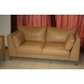2x SUPERB X-LARGE MODERN STYLED SAND BEIGE GENUINE LEATHER COUCHES IN EXCELLENT CONDITION bid/couch