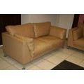 2x SUPERB X-LARGE MODERN STYLED SAND BEIGE GENUINE LEATHER COUCHES IN EXCELLENT CONDITION bid/couch