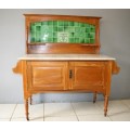 A SPECTACULAR ANTIQUE OREGON PINE WASH STAND WITH A WHITE MARBLE TOP AND TILED SPLASH BACK!
