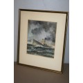 A BEAUTIFULLY PAINTED SIGNED WATERCOLOUR PAINTING OF A FISHING SHIP IN A STORM BY FRANCIS GIBSON