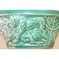 AN AWESOME VINTAGE ''LUCIA WARE'' MINT WALL VASE WITH AN EMBOSSED "LION KILL" SCENE
