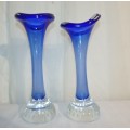 **RS17** A pair of Swedish made "Aseda Glasbruk" blue bone ''jack in the pulpit'' hand blown vases
