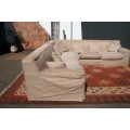 AN AWESOME LARGE (2.9m) CORICRAFT "SAND BEIGE" FABRIC CORNER LOUNGE SUITE WITH REMOVABLE COVERS