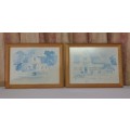 TWO STUNNING FRAMED "CAPE DUTCH DWELLINGS" BLUE AND WHITE "WATER COLOUR" PRINTS bid/pic