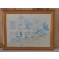 TWO STUNNING FRAMED "CAPE DUTCH DWELLINGS" BLUE AND WHITE "WATER COLOUR" PRINTS bid/pic