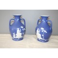 TWO AWESOME "BLUE AND WHITE" PORCELAIN GREEK AMPHORA DISPLAY VASES IN STUNNING CONDITION
