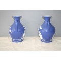 TWO AWESOME "BLUE AND WHITE" PORCELAIN GREEK AMPHORA DISPLAY VASES IN STUNNING CONDITION