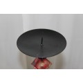AN AWESOME TALL "MODERN" BLACK METAL CANDLE HOLDER WITH A PINK AND RED BEADED STEM