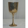 AN AWESOME SET OF FIVE BRASS WINE GOBLETS ON A TRAY, WOULD BE PERFECT ON A DINNER TABLE
