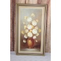 AN EXQUISITE FRAMED AND SIGNED ORIGINAL "ROBERT COX" OIL ON BOARD PAINTING OF A VASE OF WHITE ROSES