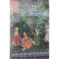 A STUNNING LARGE (1.5m x 1m) PAINTING OF THE HINDU GOD KRISHNA PLAYING THE FLUTE IN A GARDEN