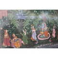 A STUNNING LARGE (1.5m x 1m) PAINTING OF THE HINDU GOD KRISHNA PLAYING THE FLUTE IN A GARDEN