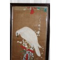 A MAGNIFICENT ANTIQUE FRAMED HAND PAINTED (ON SILK) "PEREGRINE FALCON ON A BIRD REST"